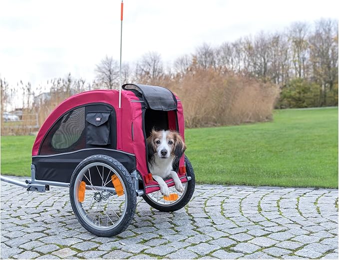 TRIXIE Convertible Dog Bike Trailer and Pet Stroller for Small to Medium Dogs up to 48 lbs, Quick Set-up and Fold Down, Red