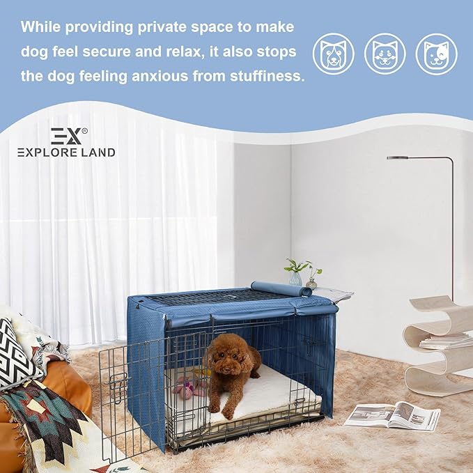 Explore Land Dog Crate Cover for 42 Inches Wire Cage, Heavy-Duty Lattice Pet Kennel Enclosure Compatible with 1 2 3 Doors Standard Metal Cage (Blue)