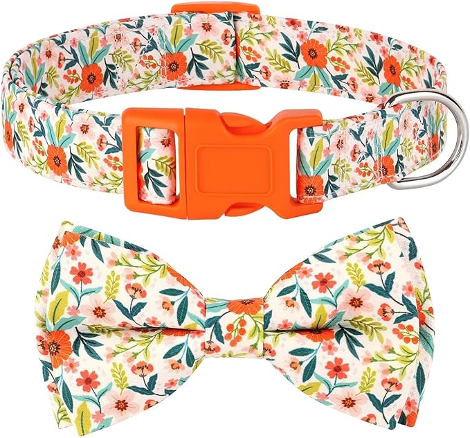 Didog Floral Dog Collar with Bow, Cute Girl Dog Collars with Detachable Bowtie, Soft & Comfy Spring Summer Dog Collar for Small Medium Large Dogs Gift Holiday, Orange, S
