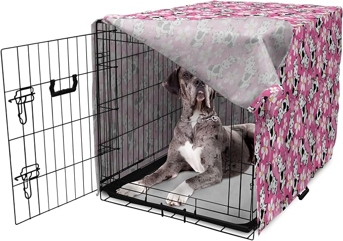Lunarable Cow Dog Crate Cover, Cartoon Pattern Domestic Farm Animal and Daisy Flowers, Easy to Use Pet Kennel Cover for Medium Large Dogs, 48 Inch, Pink Charcoal Grey