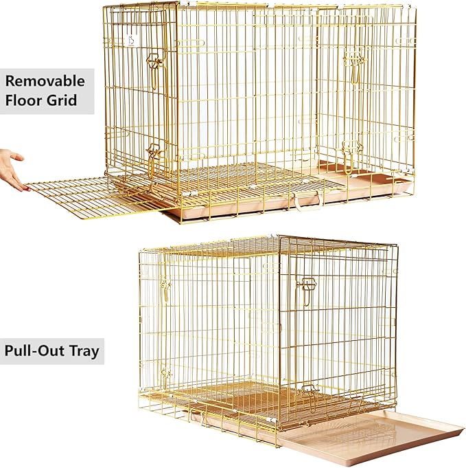 Homey Pet Large Dog Cage, Collapsible Dog Crates for Medium Dogs, Nano-Coating Metal Wire XL Big Dog Kennel Indoor with Removable Floor Grid and Tray, Double Doors, GOLD42+PINK30 Bundle