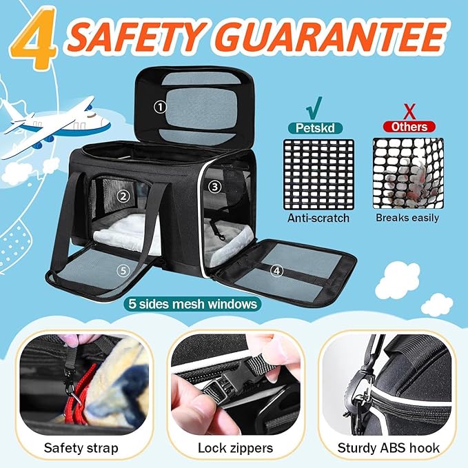 Petskd Top-Expandable Pet Carrier 18x13x9.5 Inches Southwest Allegiant Airline Approved, Soft-Sided Carrier for Small Cats and Dogs with Locking Safety Zippers and Anti-Scratch Mesh(Black)