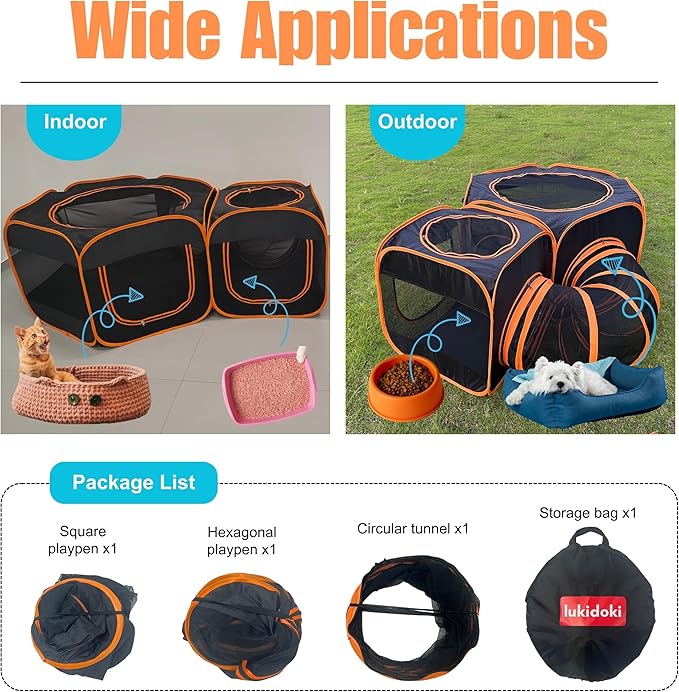 Portable Cat Playpen 2-Room with Tunnel, 3-in-1 Pop-up Cat Dog Crate Play Enclosure with Separate Areas, Foldable Pet Playpen for Puppy Kitten and Small Animals Indoor Outdoor