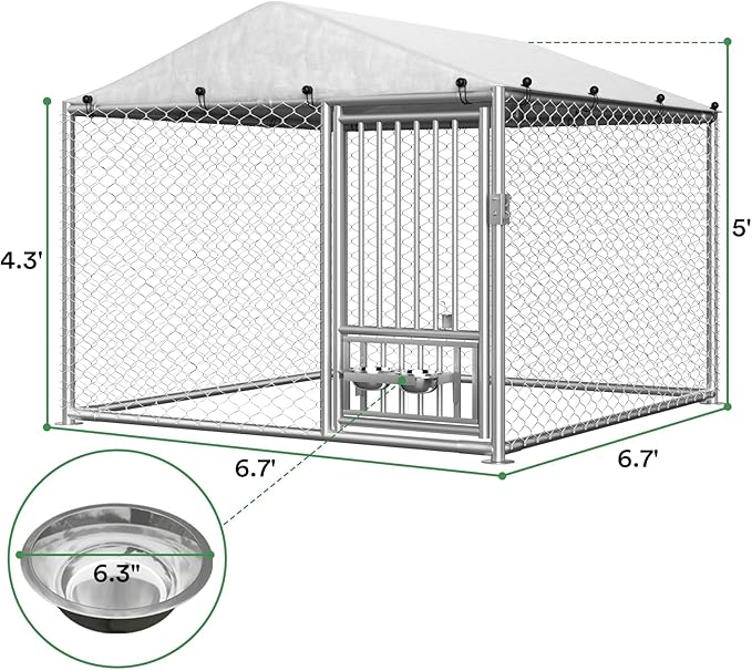 Rovibek Outdoor Dog Kennel with Roof, 6.7 X 6.7 Outside Kennel Heavy Duty Dog Run Fence with Waterproof Sun-Proof Cover, Outside Dog Playpen with 2 Stainless Steel Bowls