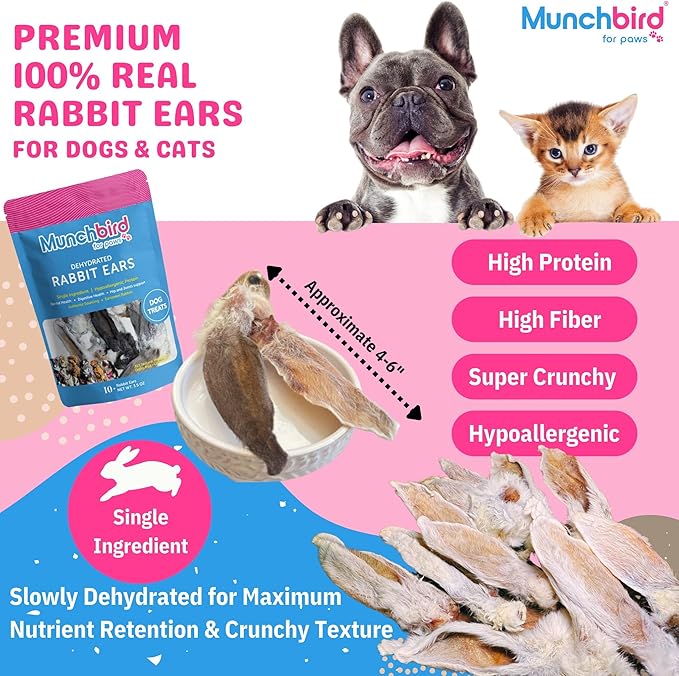 Dehydrated Rabbit Ears 100g (3.5 oz) 12-15 Counts for Dogs & Cats, European Furry Rabbit Ear Natural Fiber for Dogs, Rawhide Free Alternative to Pig Ears for Dogs, Ear Size Varies