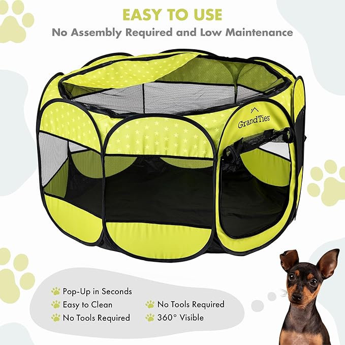 GrandTies Waterproof Dog & Cat Playpen – Foldable Pet Tent for Indoor & Outdoor, Pop-Up Kennel for Puppies, Kittens & Rabbits – Portable Travel Crate with Carrying Case (Spring Sprout, Large)