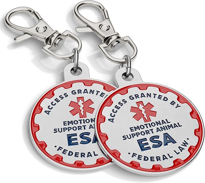 Industrial Puppy Emotional Support Dog Tag, 2 Pack: Metal Pet ID Tags for Emotional Support Dogs, ESA, and Therapy Dogs, 1.25 Inch Diameter, Double Sided, Navy Lettering and Red Enamel Trim