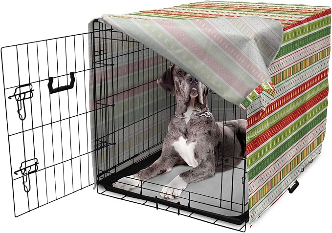Ambesonne Christmas Dog Crate Cover, Traditional Winter Seasonal Borders Stars Bells Trees Stripes Print, Easy to Use Pet Kennel Cover for Medium Large Dogs, 48 Inch, Lime Green