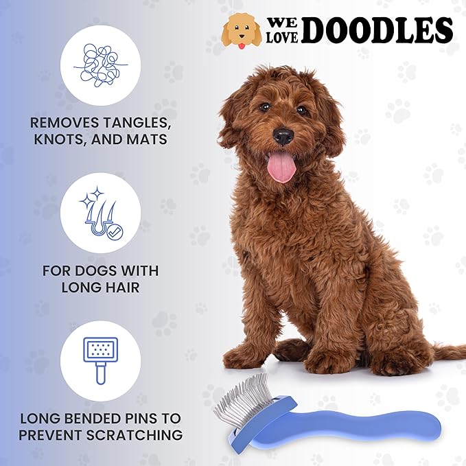 We Love Doodles Dog Slicker Brush for Grooming Pet Hair - Best Brushes For Poodle & Golden Doodle - Long Haired Brush For Dogs - Goldendoodle Long Pin Brush For Dematting (Medium Curved)