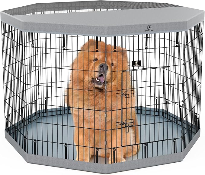 PJYuCien Puppy Playpen,8 Panels 42”H Dog Playpen with Gery Bottom Pad and Grey Top Cover,Metal Foldable Dog Exercise Pen for Indoor,Better for Small Pets