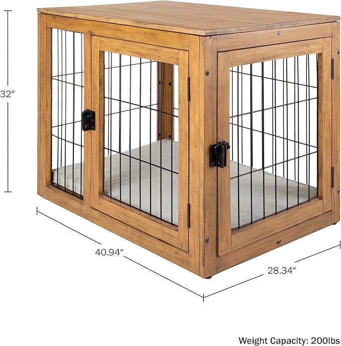 Furniture-Style Dog Crate - Acacia Wood Kennel for Large Dogs with Double Doors and Cushion - Dog Kennel Furniture by PETMAKER (Natural)