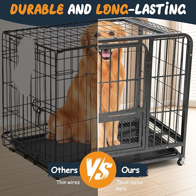 37 Inch Dog Crates for Small Medium Dogs Pets Indoor, Indestructible Enhanced Cage Kennel with 3 Doors, Lockable Wheels and Removable Tray, Heavy Duty Escape Proof Carrier, 37 x 25 x 33 Inch