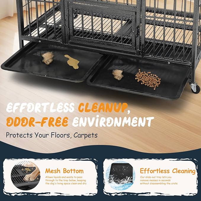 37 Inch Dog Crates for Small Medium Dogs Pets Indoor, Indestructible Enhanced Cage Kennel with 3 Doors, Lockable Wheels and Removable Tray, Heavy Duty Escape Proof Carrier, 37 x 25 x 33 Inch