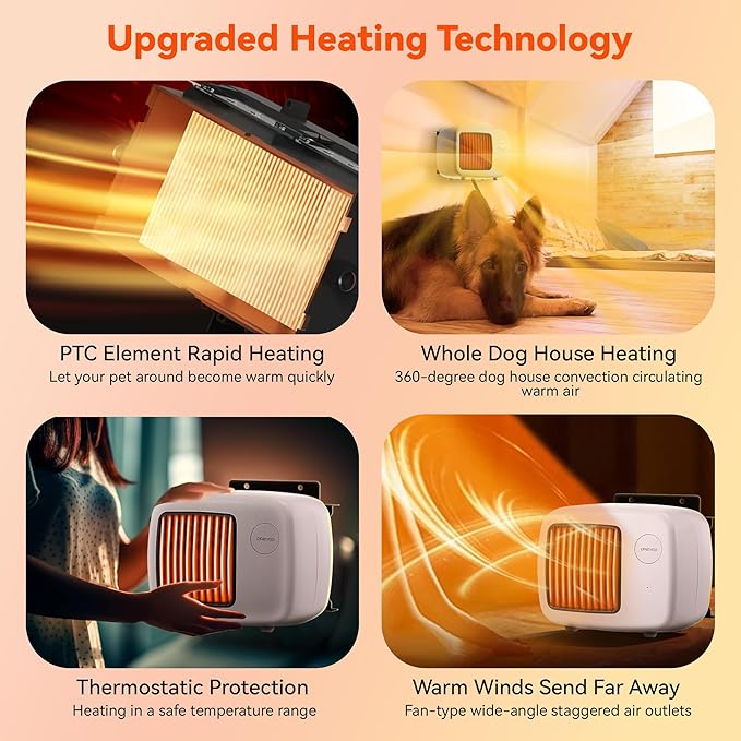 Dreyoo Dog House Heater with Thermostat, Pet House Heater with 6FT Anti Chew Cord and Safe Overheat Protection, 2 Heating Mode (200/400W) Pet House Furnace for Dogs Chicken Coops Rabbits (White,1 Pc)