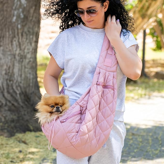 Dog and Cat Sling Carrier for Small Medium Puppy & Kitten Carrying, Wearable Crossbody Purse Bag with Adjustable Size and Shoulder Strap, Safety Clip, Two Zip Pockets (Pastel Pink)