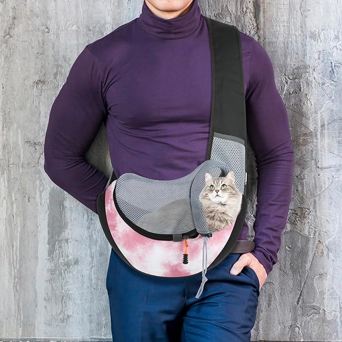 Cosmos Pet Dog Sling Carrier Breathable Mesh Pet Sling Bag Travel Pet Safe Carrier Hand Free Puppy Satchel with Padded Strap and Safety Rope for Small Dogs Cats Puppies to Outdoor Travel (Pink)