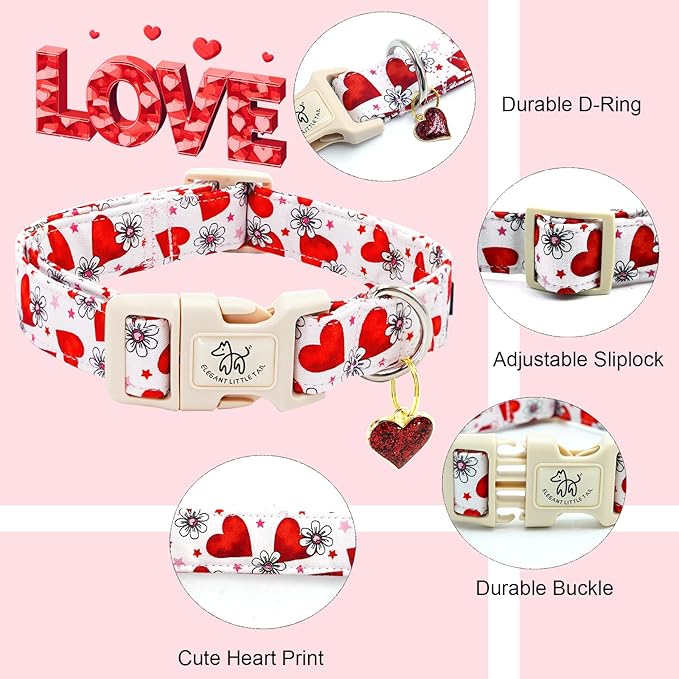 Elegant little tail Valentine's Day Dog Collar-Cute Pink Heart Dog Collar for Medium Dogs, Female or Male Adjustable Cotton Pet Collar with Quick Release Buckle for Small Medium Large Dogs