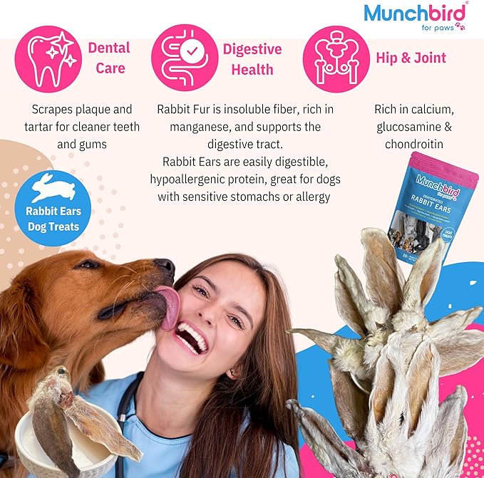 Dehydrated Rabbit Ears 100g (3.5 oz) 12-15 Counts for Dogs & Cats, European Furry Rabbit Ear Natural Fiber for Dogs, Rawhide Free Alternative to Pig Ears for Dogs, Ear Size Varies