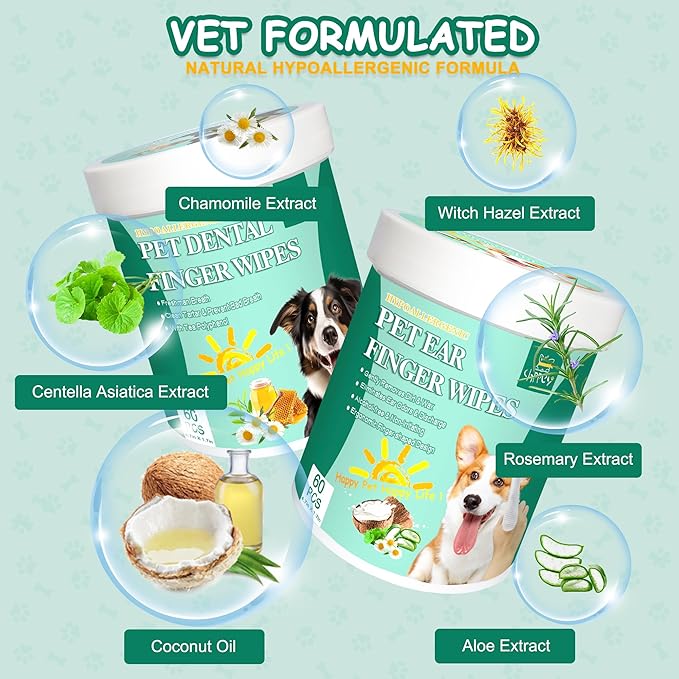 Pet Finger Wipes for Ear and Teeth - 120 Count Cleaner Finger Wipes For Dog and Cat, Dental Ear Care Wipes, Hypoallergenic Dog Wipes to Remove Plaque Tartar, Relieve Ear Itching and Inflammation