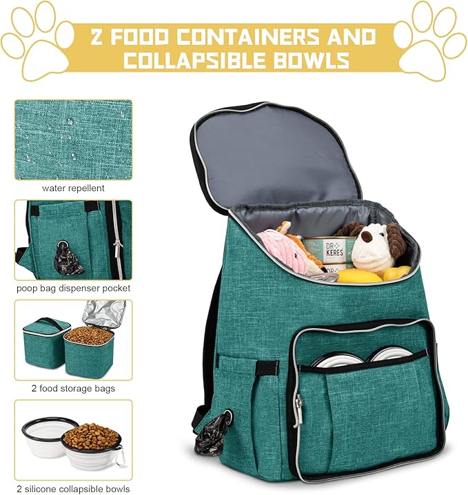 BAGLHER Travel Dog Backpack - Detachable Travel Dog Food Container for Pet Supplies Dog Gear Backpack,Dog Bag for Traveling with 2 Silicone Collapsible Bowls and 2 Food Baskets Green