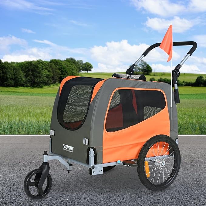 VEVOR Dog Bike Trailer, Supports up to 66/88/100 lbs, 2-in-1 Pet Stroller Cart Bicycle Carrier, Easy Folding Cart Frame with Quick Release Wheels, Universal Bicycle Coupler, Reflectors, Flag