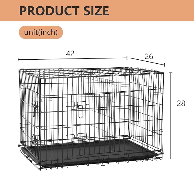 FDW Dog Crate for Large Dogs 42 Inch Folding Metal Wire Pet Cage Double Door W/Divider Panel Indoor Outdoor Kennel Leak-Proof Plastic Tray,Black