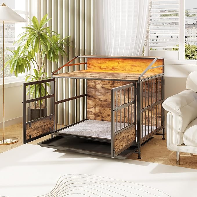 Ball & Cast 24" Multi-Function Dog Crate Furniture with Storage,3-Door Access Wooden Kennel for 26-40 lbs Dogs,Double Doors with Pull-Out Tray,Waterproof Indoor Pet House,Easy Assembly,Black Brown