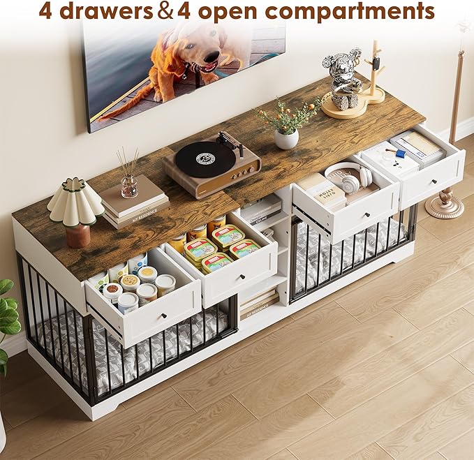 IDEALHOUSE 82” Large Dog Crate for 2 Dogs, Dog Kennel Indoor with 4 Drawers and Shelves, Double Dog Crate Furniture TV Stand, Wooden Heavy Duty Dog Crate for Medium Large Dogs, White