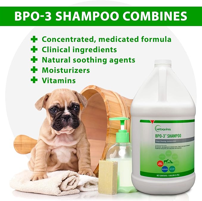 Vetoquinol BPO-3 Shampoo for Dogs, Cats & Horses (3% Benzoyl Peroxide) – 128oz – Deep Cleaning, Medicated Shampoo Opens & Flushes Hair Follicles – Degreases Oily Coats – Soothes Red, Flaky, Itchy Skin
