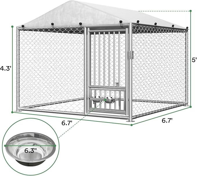 Rovibek 6.7'×6.7' Outdoor Dog Kennel with Roof, Outside Dog Kennel with Waterproof Sunproof Cover, Dog Kennels Outdoor and Enclosure with 2 Stainless Steel Bowls