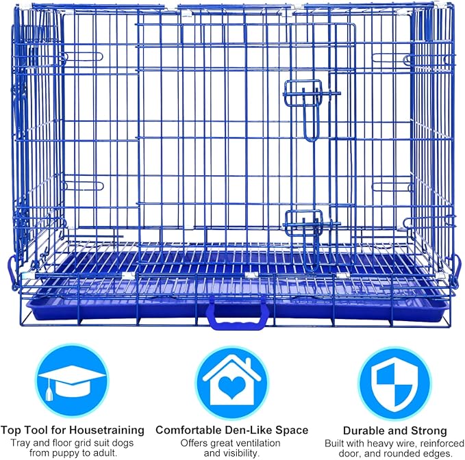 Homey Pet Dog Crates for Medium Dogs, Collapsible Small Dog Cage, Nano-Coating Metal Wire Dog Kennel Indoor with Removable Floor Grid and Tray, Double Doors Dual Locks, GOLD36+BLUE30 Bundle