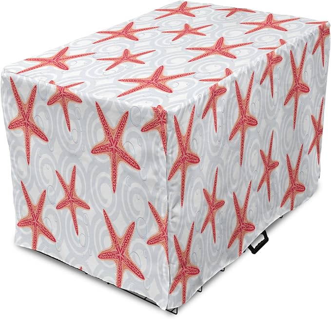 Lunarable Starfish Dog Crate Cover, Tropical Ocean with Sea Bubbles on Wavy Spiral Backdrop, Easy to Use Pet Kennel Cover for Cats & Medium Dogs, 30 Inch, Dark Coral Salmon