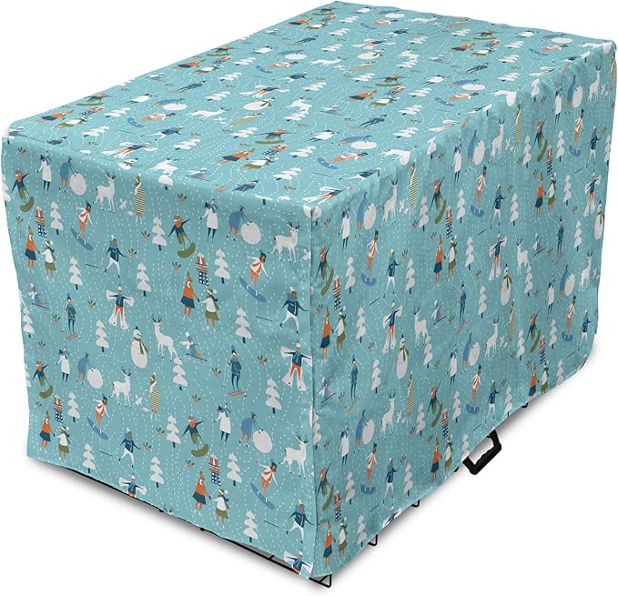 Lunarable Christmas Dog Crate Cover, Winter Games Theme Pattern with Snowman Trees Snowboard Reindeer and Adults, Easy to Use Pet Kennel Cover for Small Dogs Puppies Kittens, 18 Inch, Multicolor