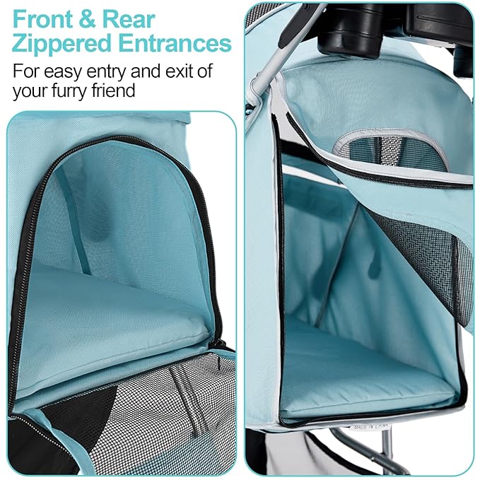 Pet Stroller for Medium Small Dogs and Cats, Folding Puppy Stroller Dog Cat Cage Jogger Stroller with Cup Holder and Storage Basket, 4 Wheels, Light Blue