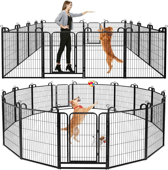 Dog Playpen Outdoor 16 Panels Heavy Duty Dog Fence 40" Height Anti-Rust with Doors Portable for RV Camping Yard, Total 36FT, 103 Sq.ft, Snowy Black