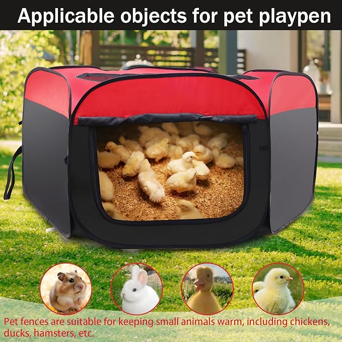 Foldable Brooder Box for Chick,Chick Fence Portable Dog Playpen Cage with Floor Mat, Large Dog Tent Oxford Fabric Cage Indoor/Outdoor, Red and Black