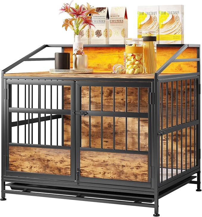 Ball & Cast 24" Multi-Function Dog Crate Furniture with Storage,3-Door Access Wooden Kennel for 26-40 lbs Dogs,Double Doors with Pull-Out Tray,Waterproof Indoor Pet House,Easy Assembly,Black Brown