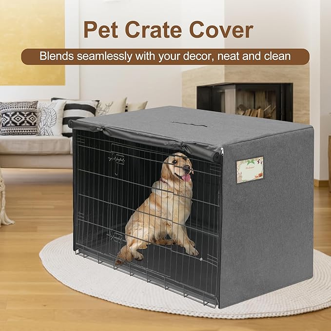 HiCaptain 48 inch Dog Crate Cover with Card Pocket, Heavy Duty Polyester Windproof Pet Kennel Cover Universal Fit for 1 or 2 Doors Standard Wire Crate (Grey)