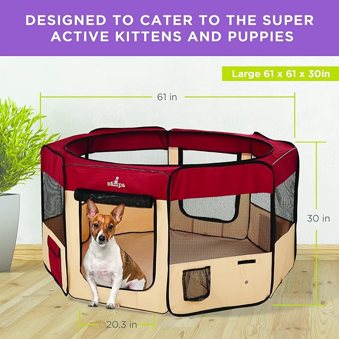 Zampa Pop Up Portable Large 61"x61"x30" Playpen for Dog and Cat, Foldable | Indoor/Outdoor Pen & Travel Pet Carrier + Carrying Case