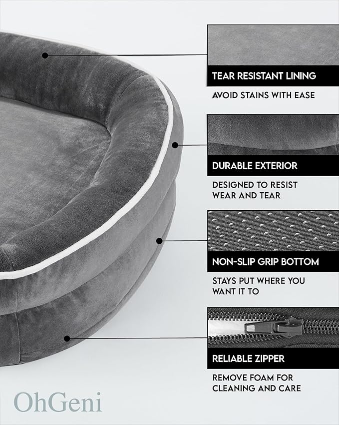 OhGeni Orthopedic Dog Bed for Extra Large Dogs, Dog Couch Design with Egg Foam Support, Removable, Machine Washable Plush Cover and Non-Slip Bottom with Four Sided Bolster Cushion (Gray)
