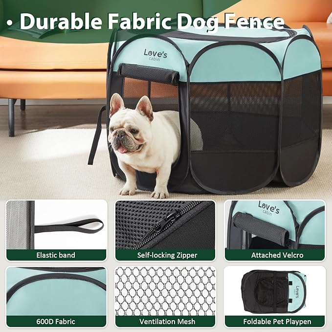 Love's Cabin Pet Puppy Playpen, Medium Dog Tent Crate, Portable Foldable Pop Up Dog Kennel with Carrying Case, Removable Zipper Top, Green