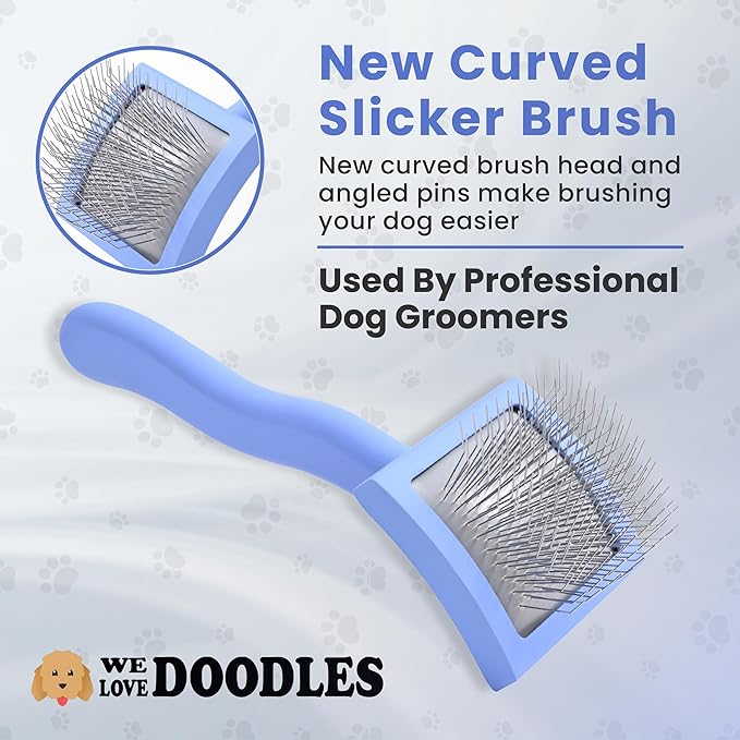 Slicker Brush for Dogs, Dog Grooming Supplies - Best Doodle & Poodle Brush for Long Haired Dogs - Goldendoodle Long Pin Dentangler Brush For Dematting (Small Curved)