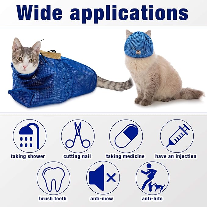 Weewooday 2 Pieces Cat Grooming Washer Mesh Bag Cat Muzzles Breathable Mesh Muzzles Adjustable Kitten Scratch Resistant Kitty Restraint Clothes Kitty Bath Bag for Bathing Nail Trimming Feeding(Blue)