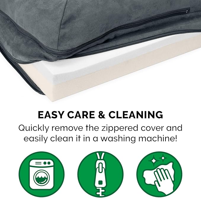 Furhaven Memory Foam Dog Bed for Large Dogs w/ Removable Bolsters & Washable Cover, For Dogs Up to 125 lbs - Two-Tone Plush Faux Fur & Suede L Shaped Chaise - Stone Gray, Jumbo Plus/XXL
