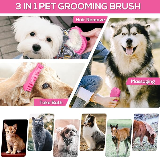 Dog Bath Brush, Dog Bath Supplies Silicone Shampoo Brush Long & Short Haired Dogs Cats, Scrubber Washing Grooming Pet Brush, Soft Massage Shedding Brush Bathing Shower Small Large Pets (Pink)