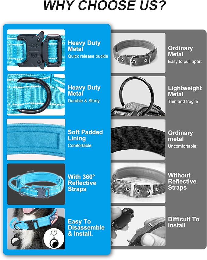AUBELL Reflective Tactical Dog Collar with Handle, Heavy Duty Military Durable Thick Dog Collar with Metal Buckle Great for Medium Large Dogs, with Airtag Case and 2 Patches(Blue, XL)