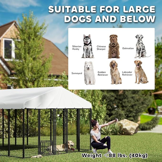 PawHut 9.8' x 9.8' x 6.8' Outdoor Dog Kennel, Welded Wire Heavy Duty Dog Run with 360° Rotating & 4 Level Adjustable Bowls, Dog Kennel Outside with Waterproof & UV Resistant Cover, for S&M&L Dogs