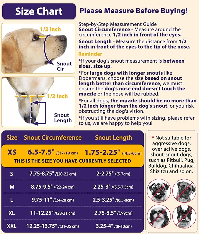 LUCKYPAW Dog Muzzle, Mesh Muzzle for Large Medium Small Dogs with Front Opening Design, Dog Mouth Cover to Prevent Biting, Licking, Chewing, Scavenging, Allows Drinking (XS-Snout:6½-7½", Purple)