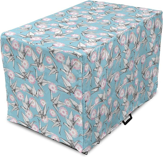 Lunarable Origami Dog Crate Cover, Japanese Tradition Paper Cranes and Cherry Blossom Petals Spring, Easy to Use Pet Kennel Cover for Medium Large Dogs, 36 Inch, Pale Pink Pale Blue White