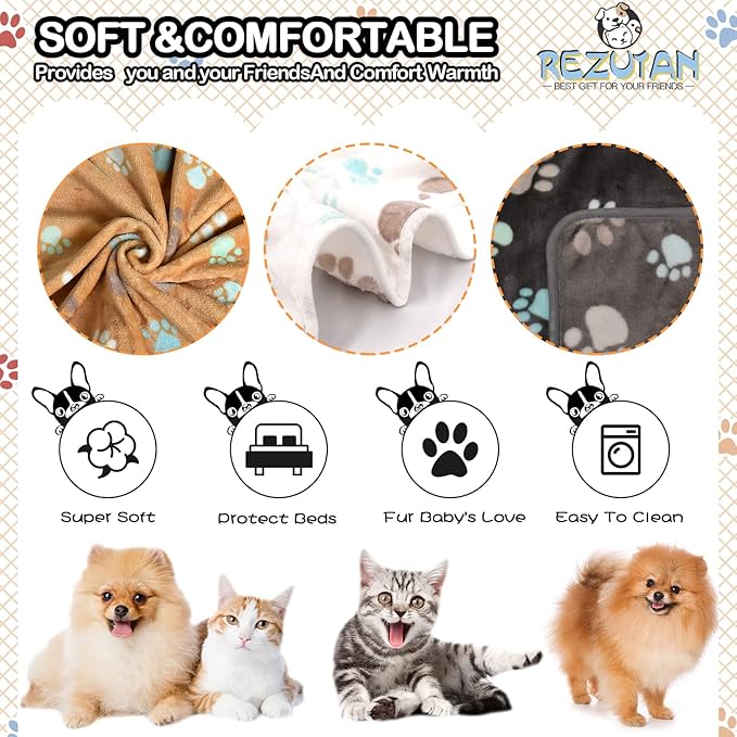 Rezutan Upgraded Dog Blankets for Medium Dogs, 3 Pack Dog Cat Blankets Washable, Soft Pet Mat Throw Cover for Kennel Crate Bed, Cute Paw Pattern, Dog Blanket, Pet Blanket 30"x20"